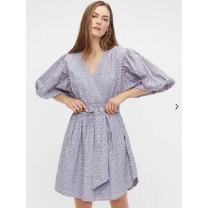 Y.A.S Cotton Mini Dress with Puff Sleeve Floral M Red Blue